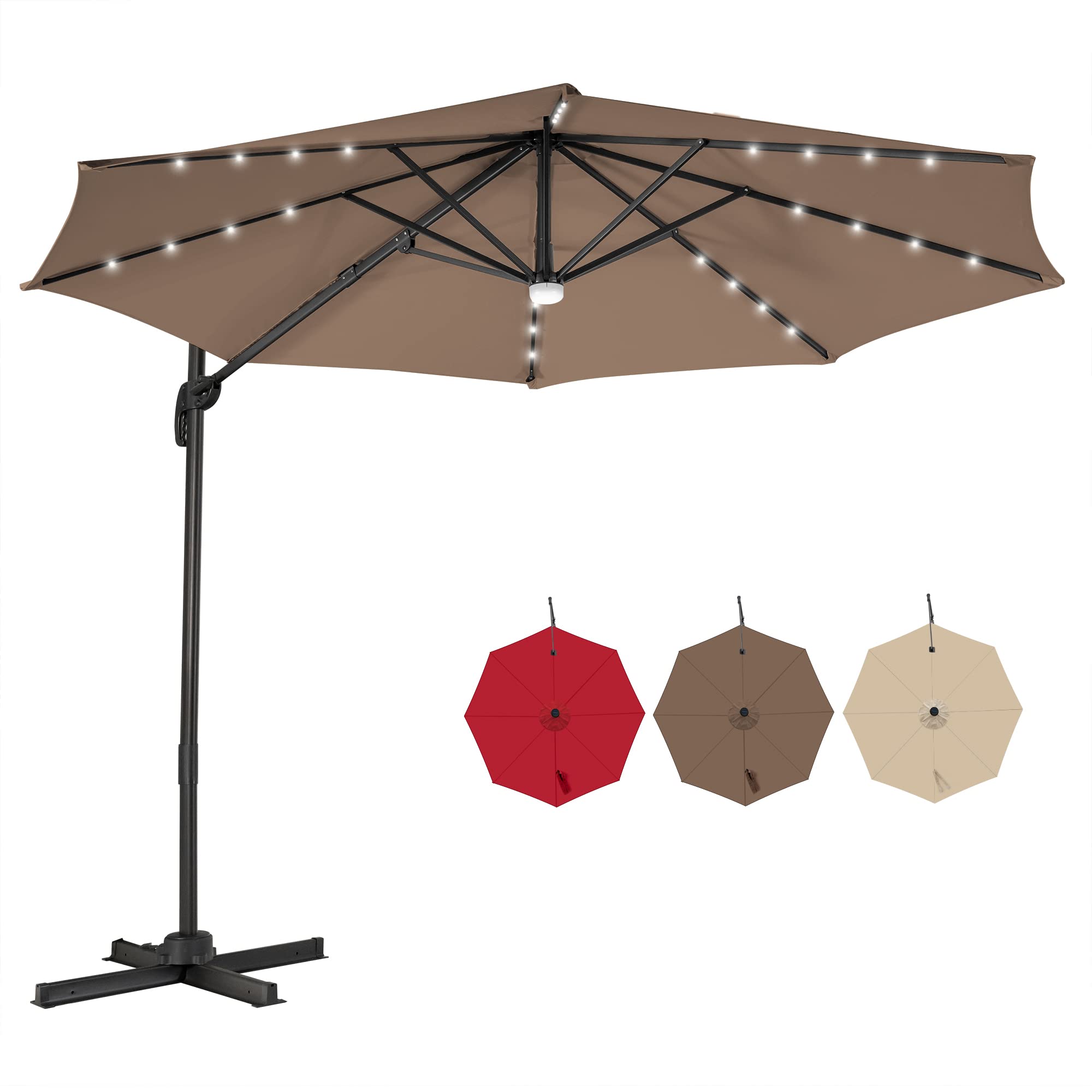 Tangkula 10FT Patio Cantilever Umbrella With 28 LED Lights